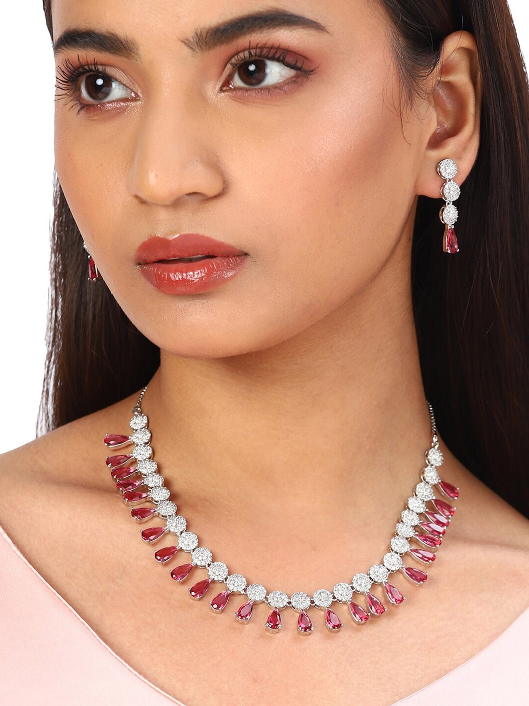 

Voylla Rhodium-Plated White & Red American Diamond CZ Jewellery Set