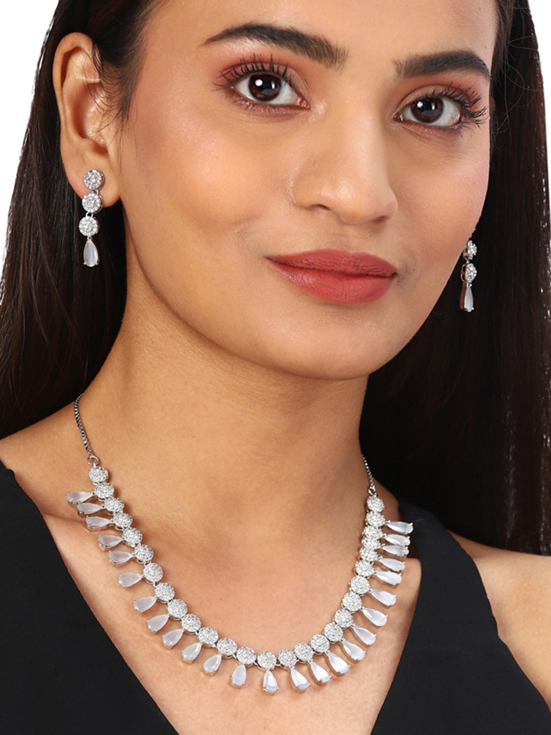 

Voylla Silver-Plated American Diamond CZ Necklace Set with White Stone