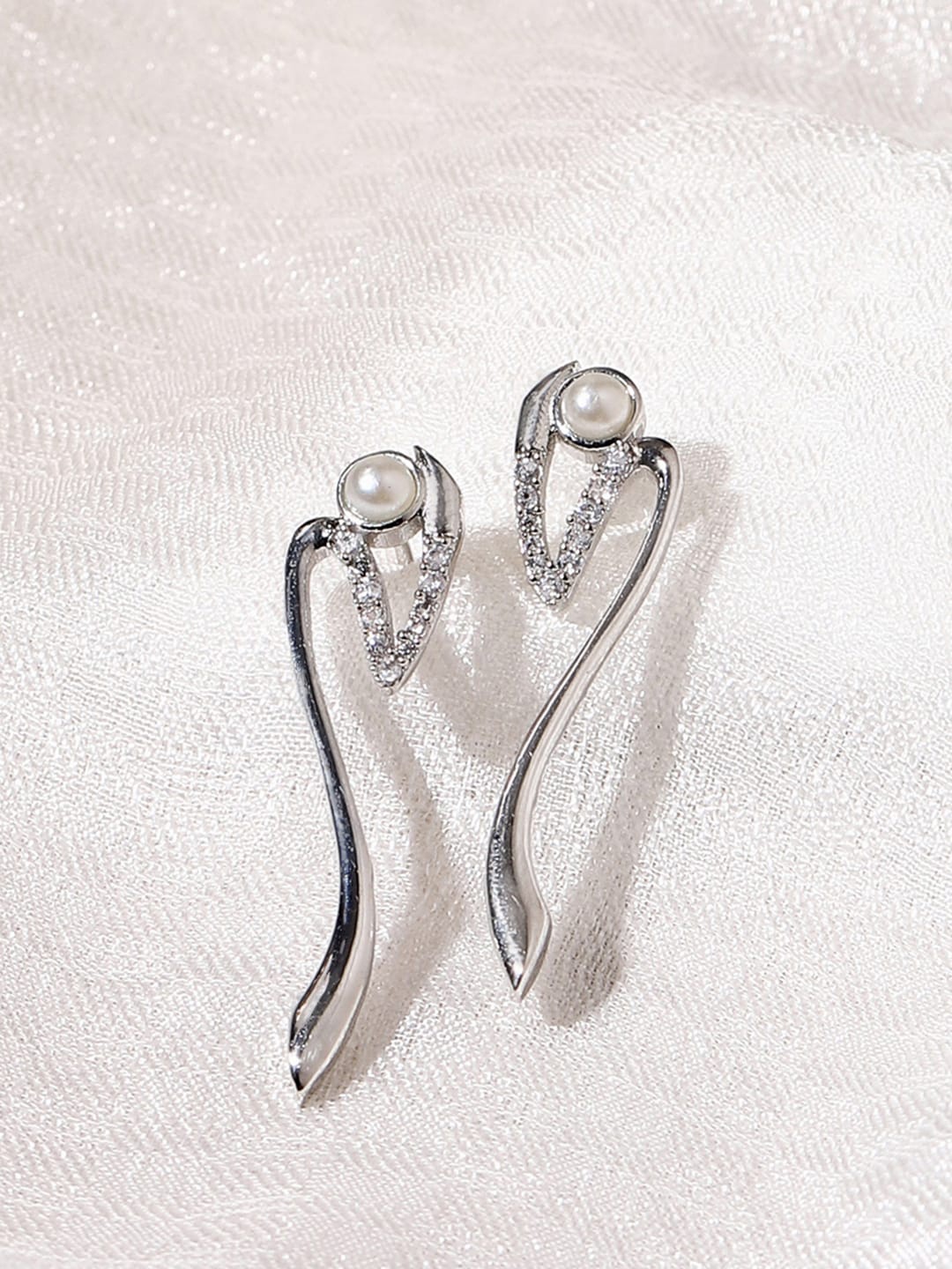 

Voylla Women Silver-Toned & White American Diamond CZ Pearl Brass Drop Earrings