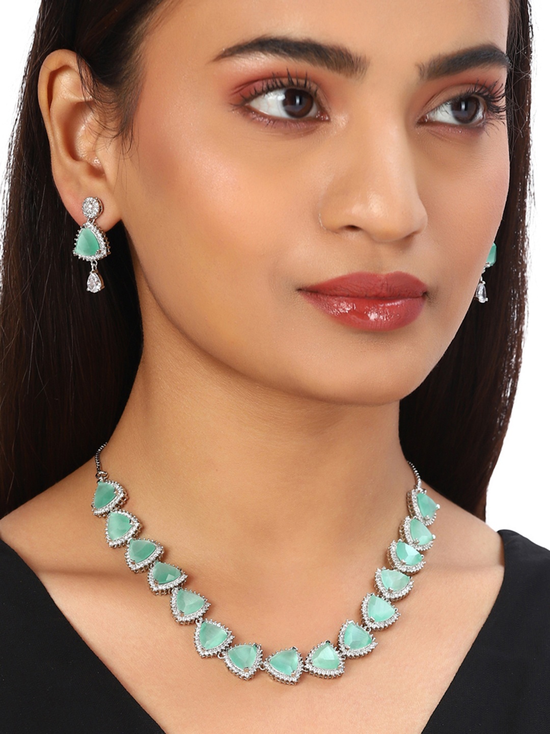 

Voylla White & Green Rose Gold-Plated American Diamond CZ Seafoam Necklace Set