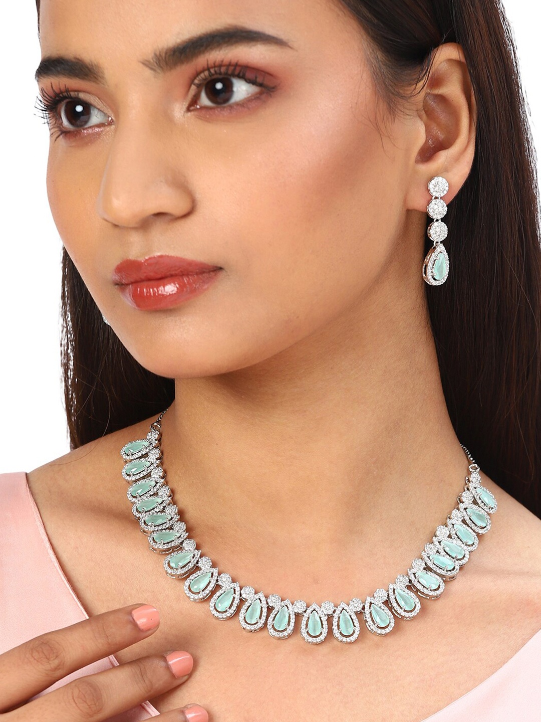 

Voylla Silver-Toned & Green & Rose Gold-Plated American Diamond CZ Necklace Set