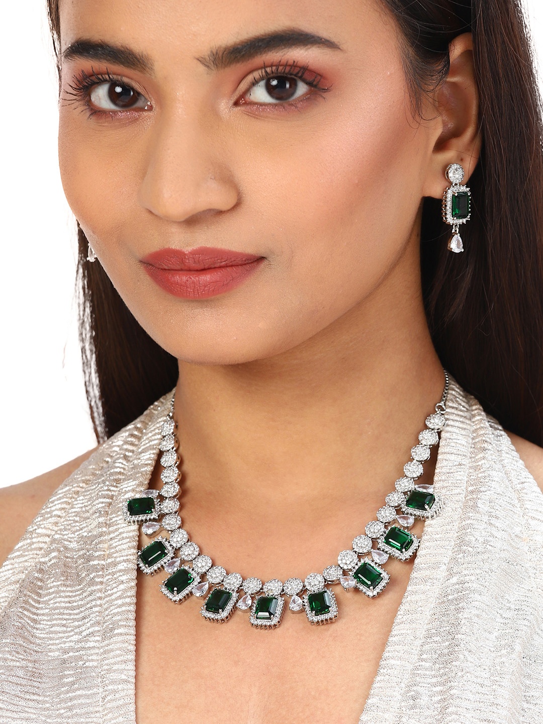 

Voylla White & Rhodium-Plated American Diamond CZ Necklace Set