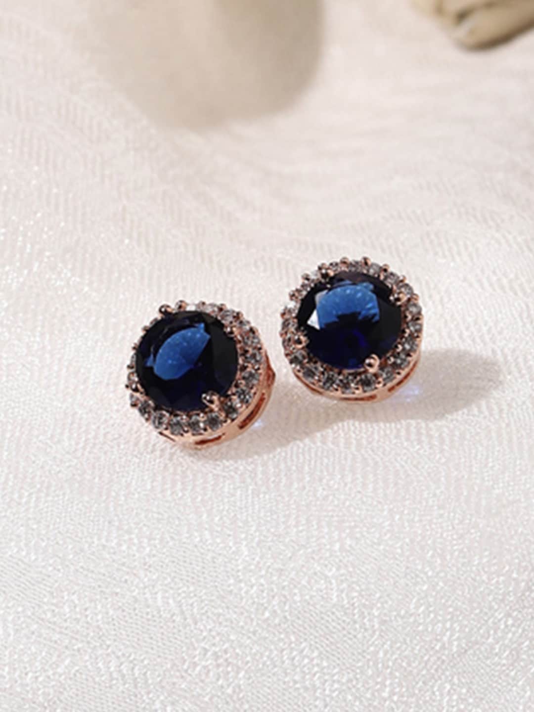 

Voylla Women Rose Gold & Blue American Diamond CZ Brass Stud Earrings