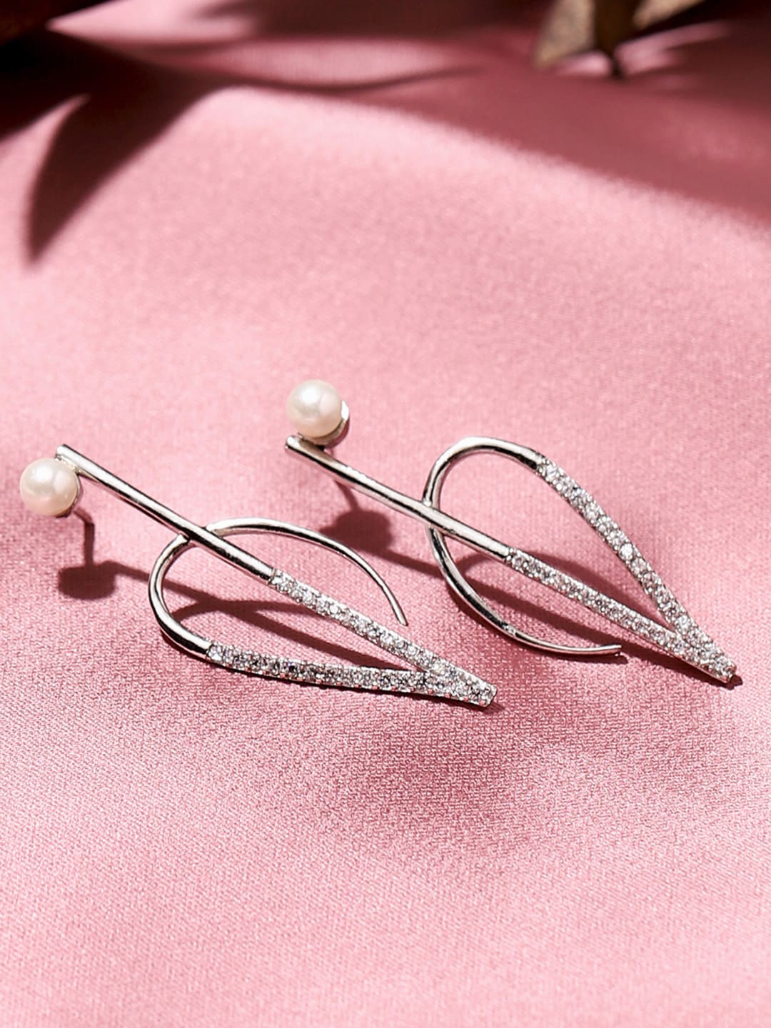 

Voylla Women Silver-Toned & White American Diamond CZ Pearl Brass Drop Earrings