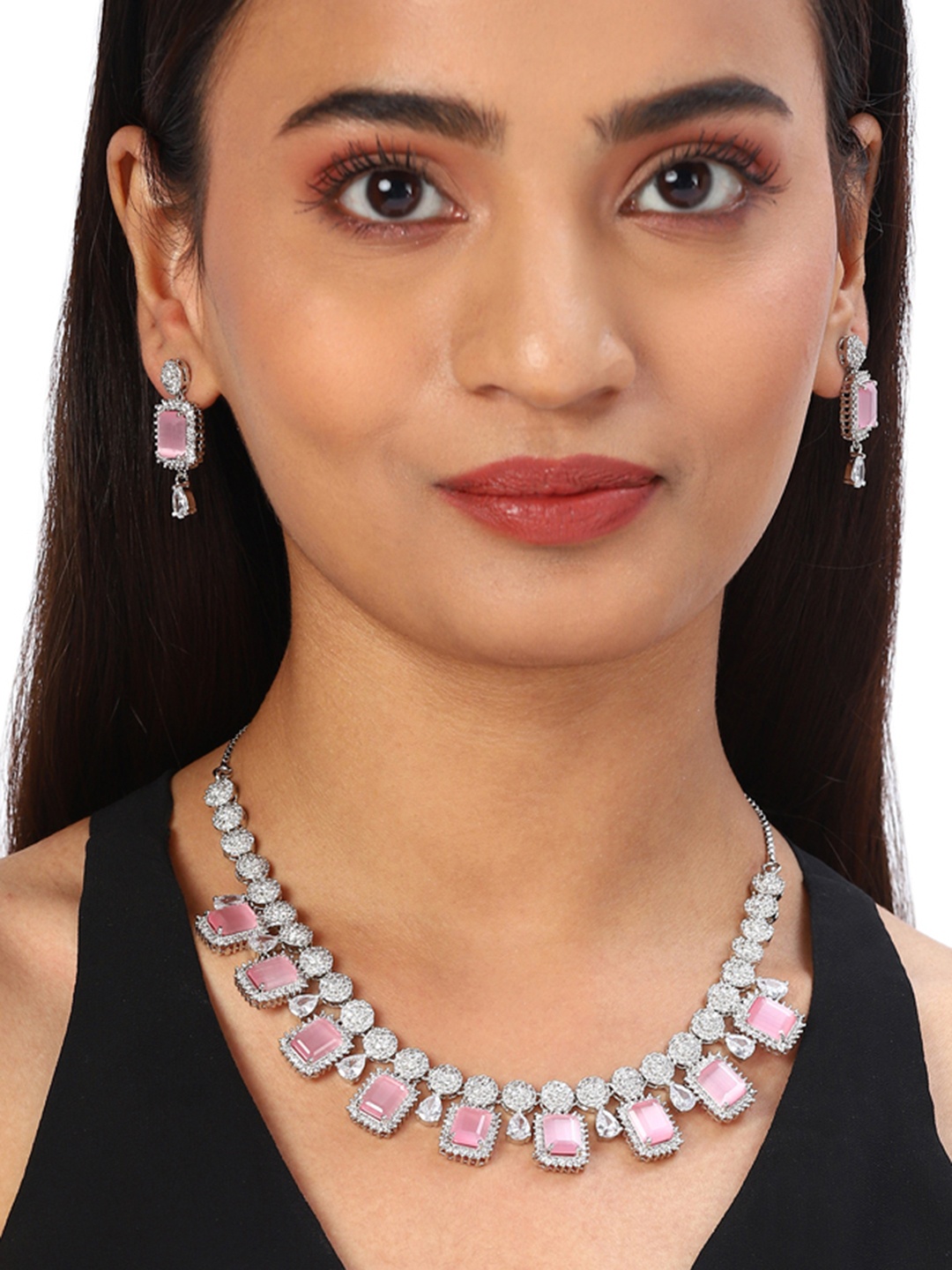 

Voylla Pink Silver-Plated American Diamond CZ Pearl Necklace Set with Stone, White