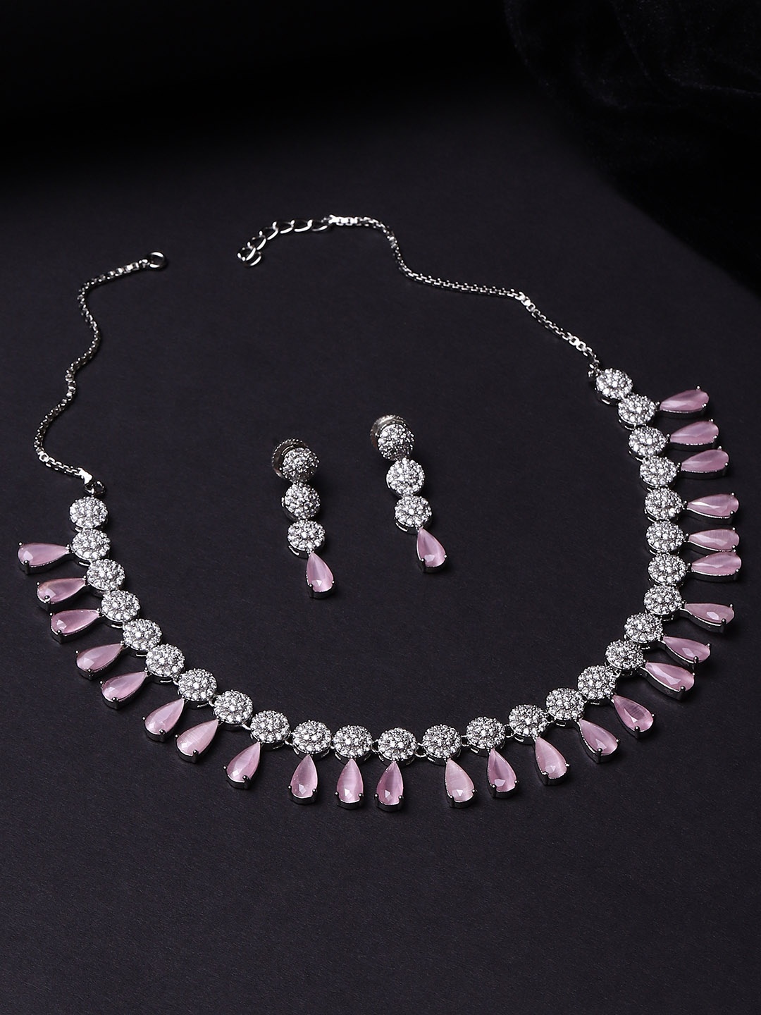 

Voylla Pink & White Rhodium-Plated American Diamond CZ Jewellery Set