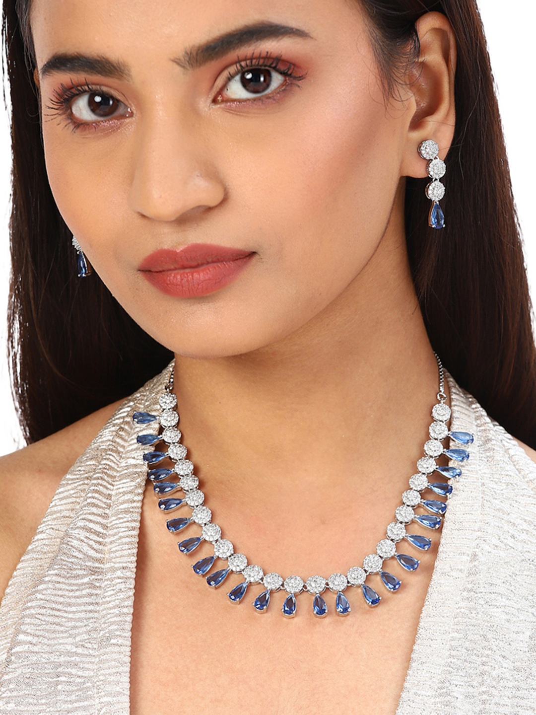 

Voylla White & Blue American Diamond CZ Silver Plated Pearl Brass Necklace Set