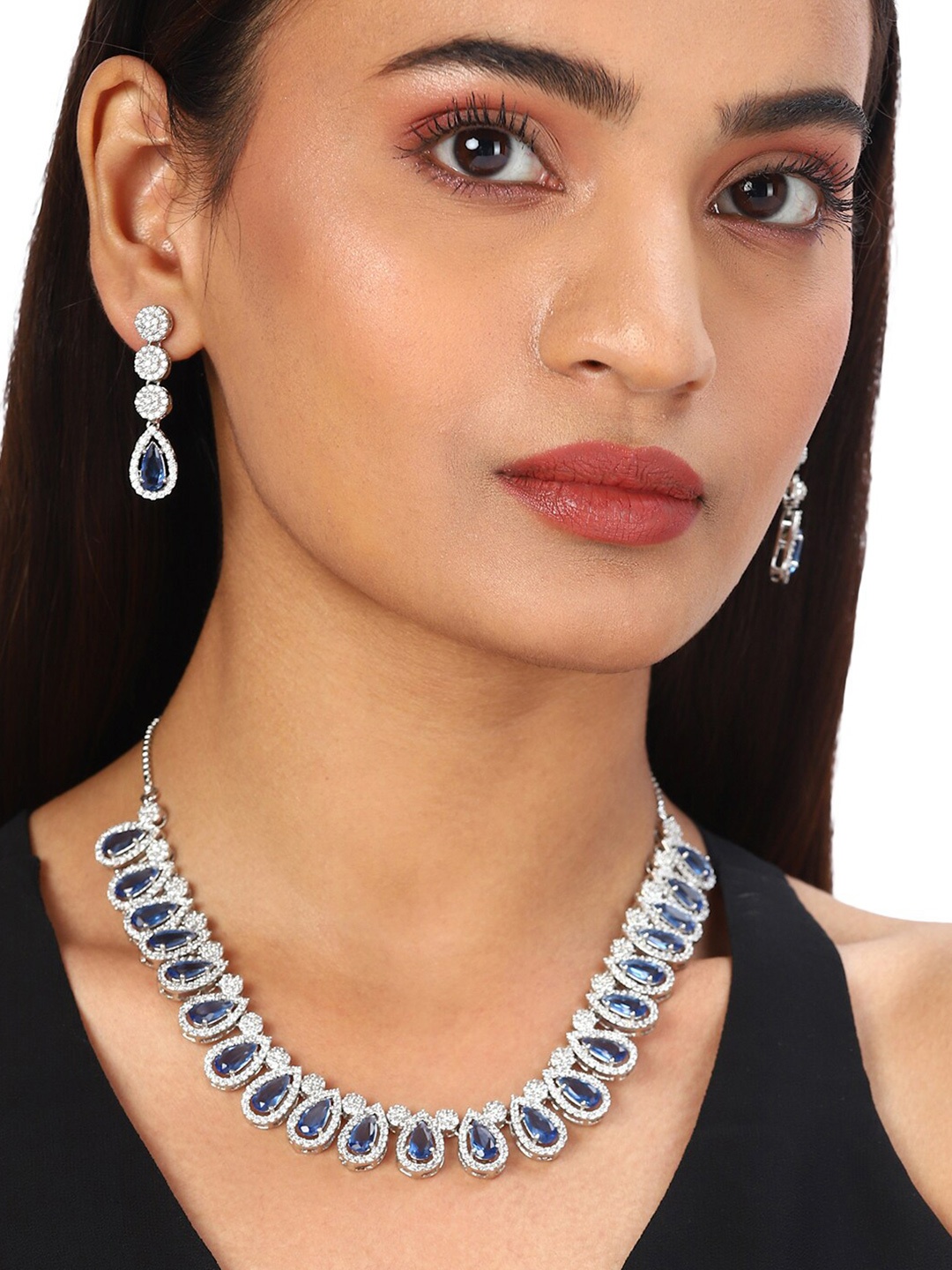 

Voylla Silver Rhodium-Plated American Diamond CZ Pearl Necklace Set with Blue Stone