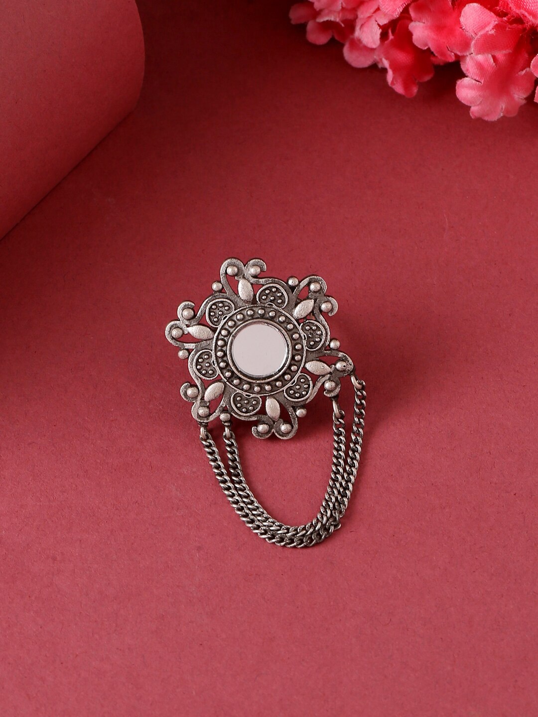 

VIRAASI Silver-Toned Oxidized Mirror Adjustable Finger Ring