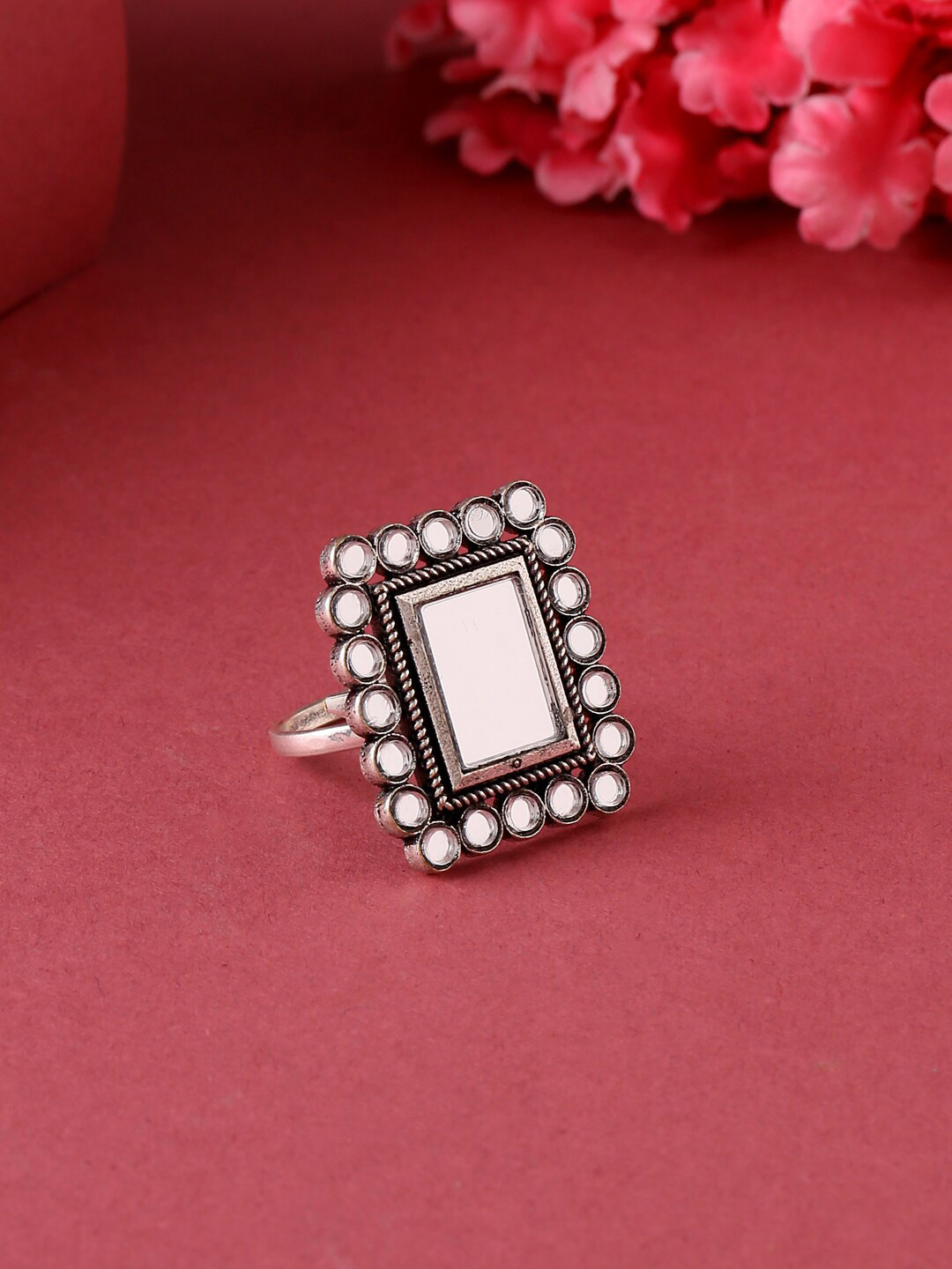 

VIRAASI Oxidised Silver-Toned Mirror Embelished Finger Ring