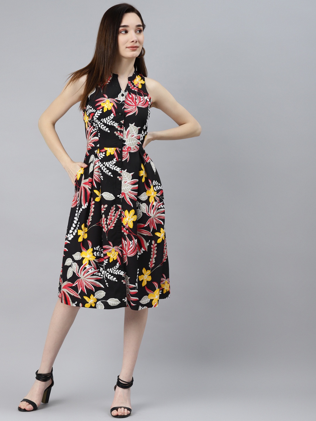 

Ayaany Black & Pink Tropical Print Mandarin Collar Cotton Dress