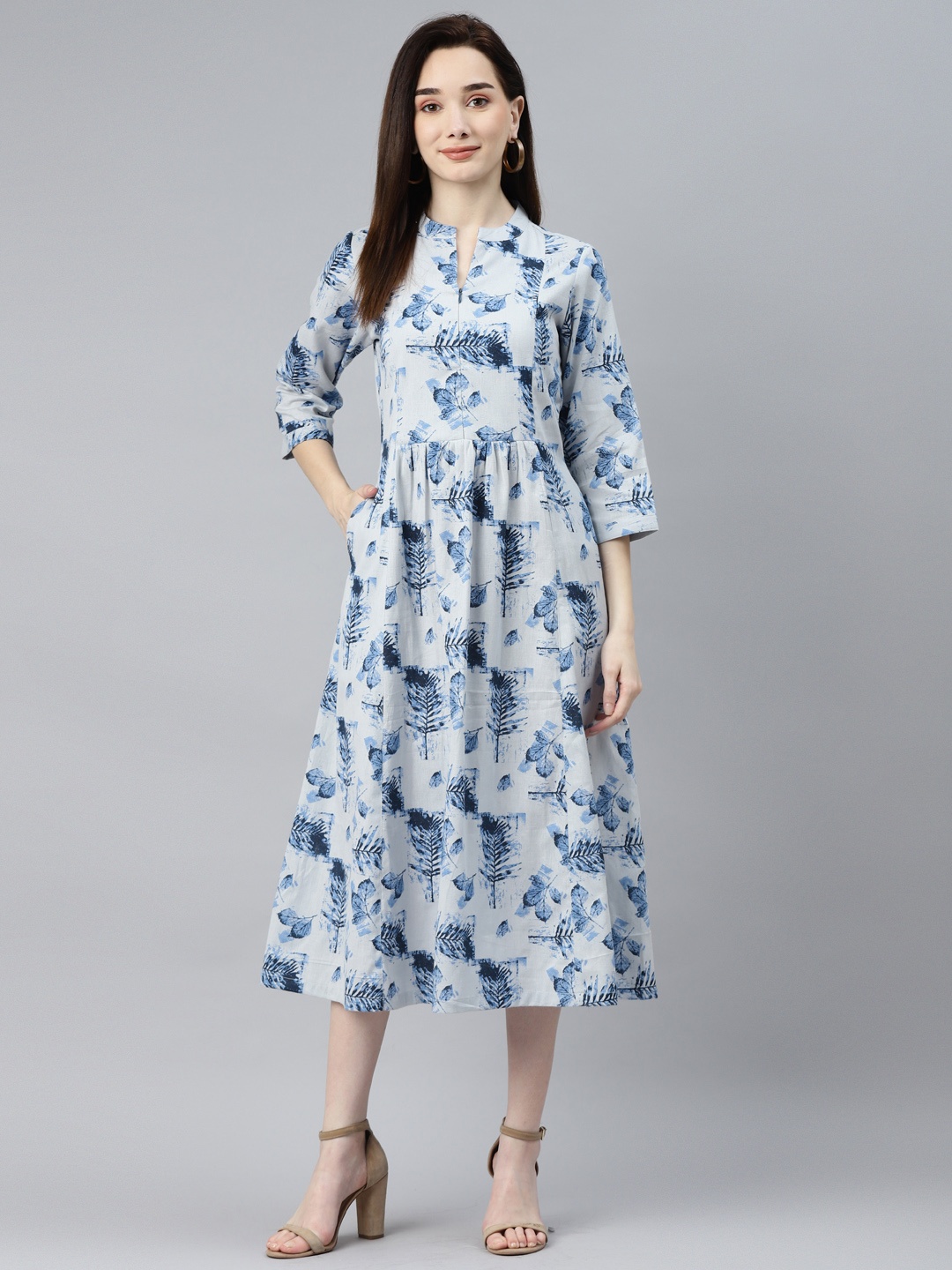 

Ayaany Blue Tropical Print Mandarin Collar Midi A-Line Dress