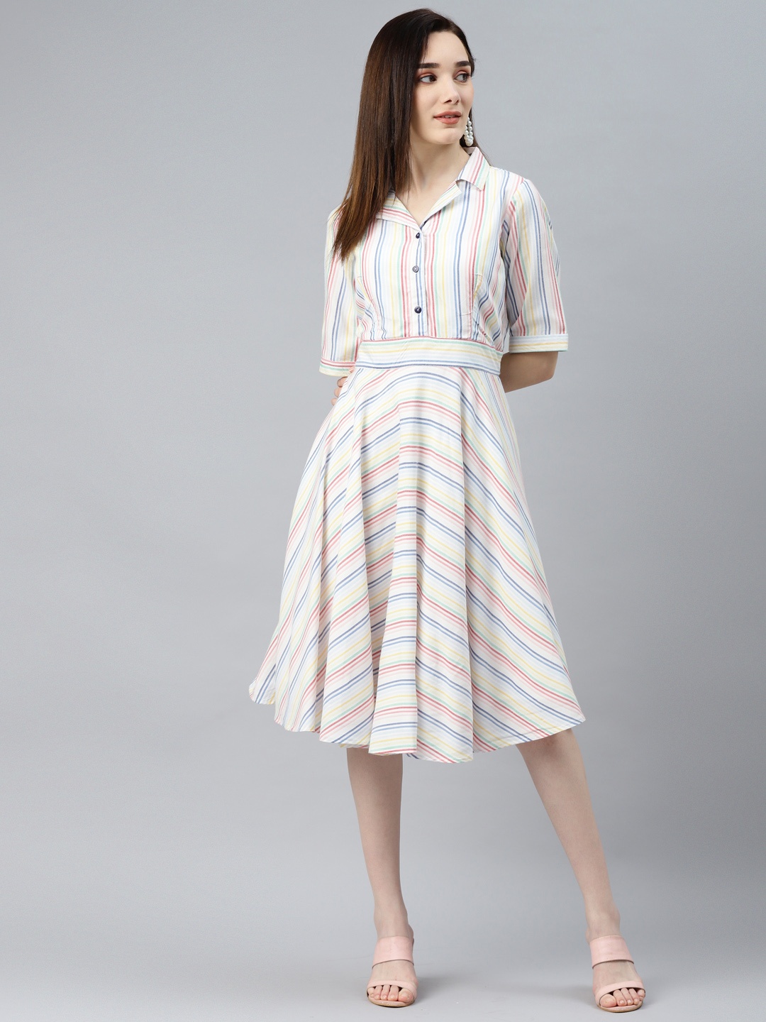 

Ayaany Cream-Coloured & Blue Striped Lapel Collar Dress