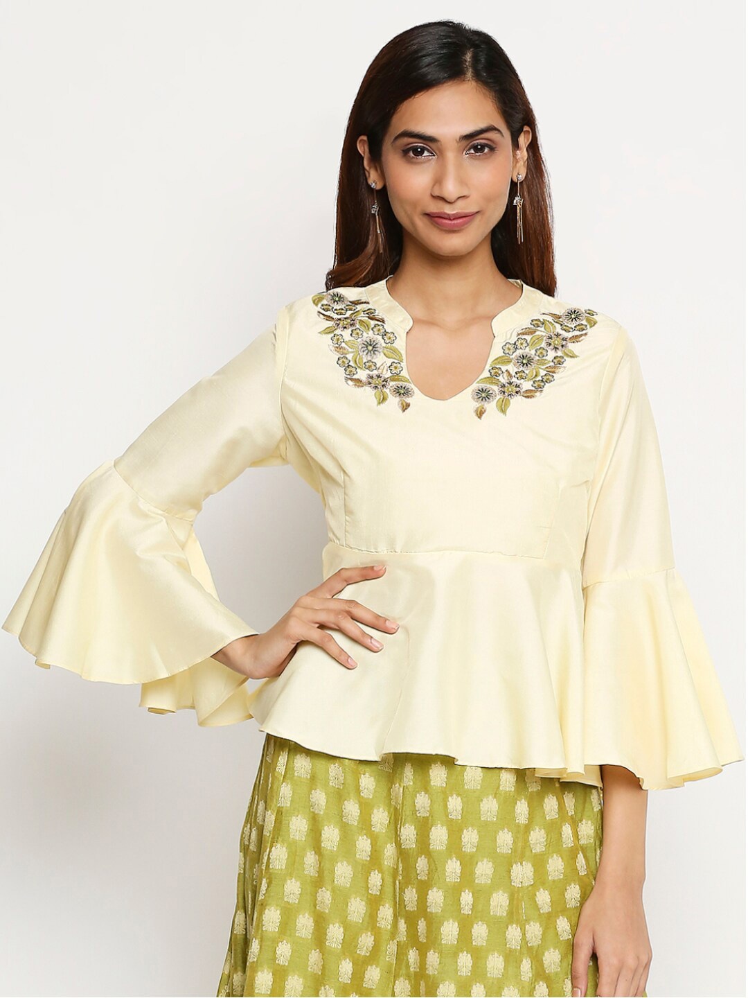 

Lobaanya Beige Mandarin Collar Peplum Top