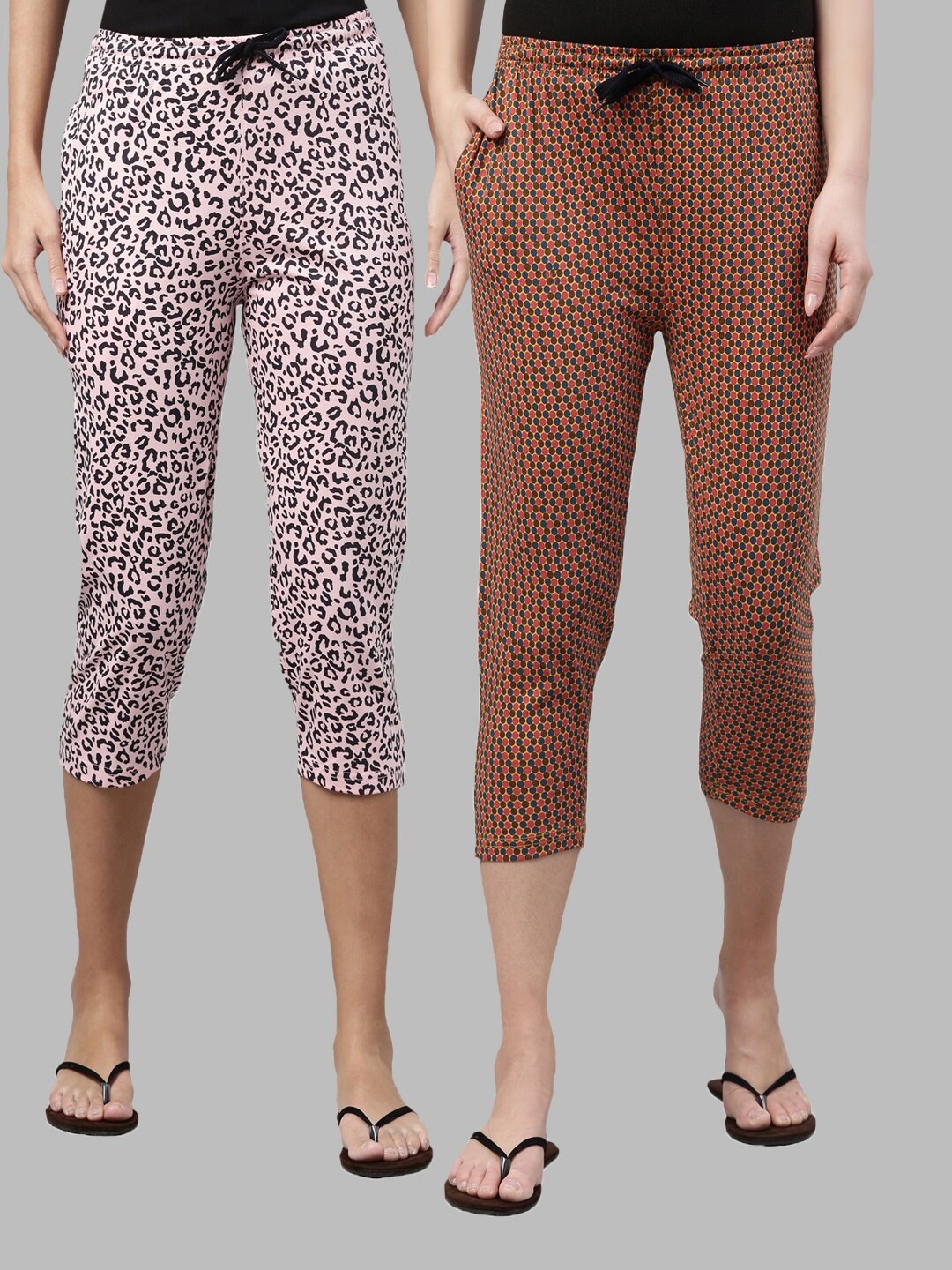 

Kryptic Women Pink & Mustard Pack of 2 Printed Cotton Capris