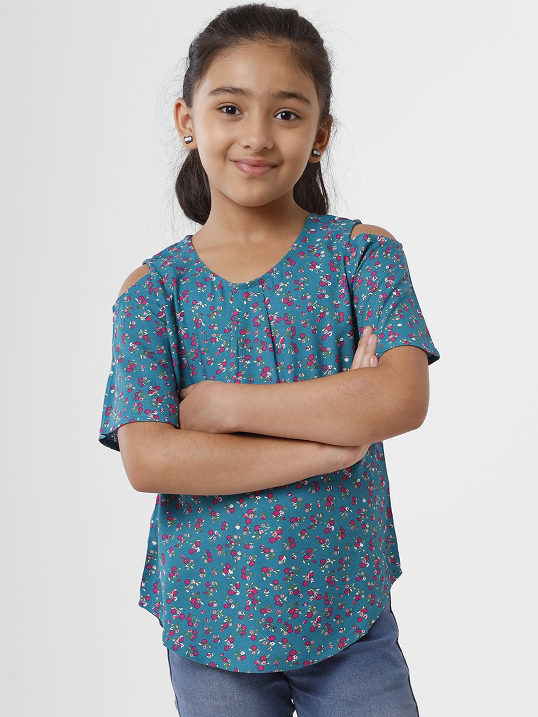 

De Moza Teal Floral Print Top