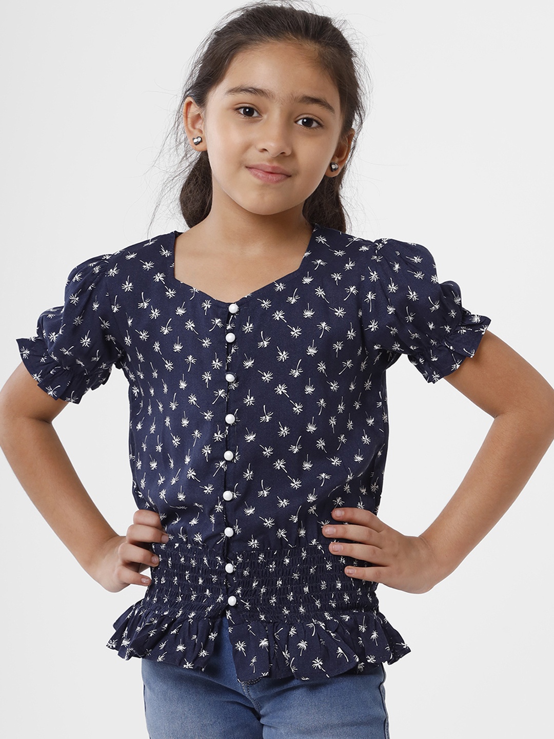 

De Moza Kids Girls Dark Blue Floral Printed Sweetheart Neck Cinched Waist Top