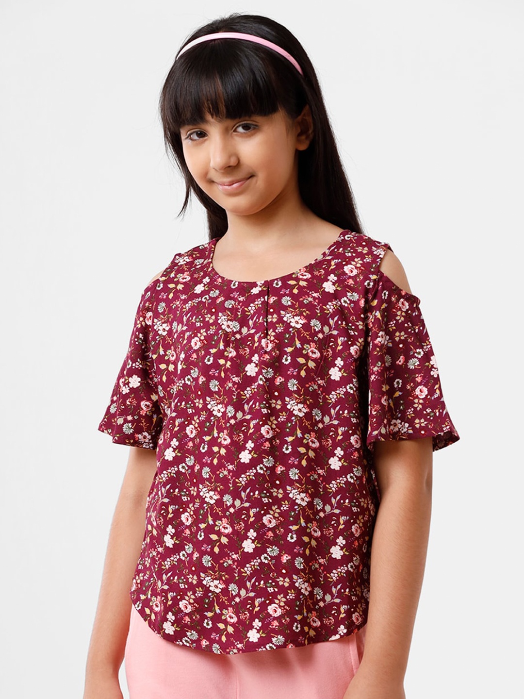 

De Moza Kids Girls Burgandy Floral Printed Top, Burgundy