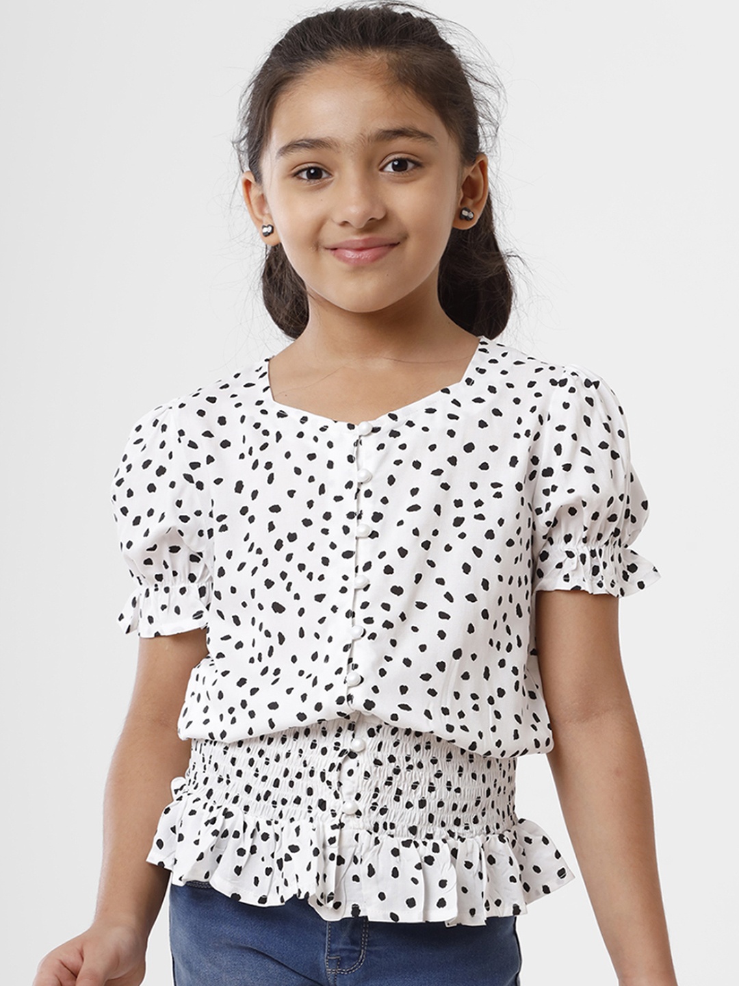 

De Moza Kids Girls White Polka Dots Printed Sweetheart Neck Top