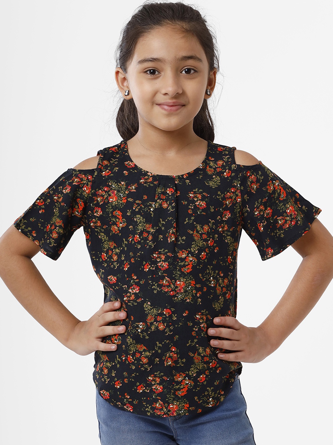 

De Moza Kids Girls Navy Blue & Green Floral Printed Top