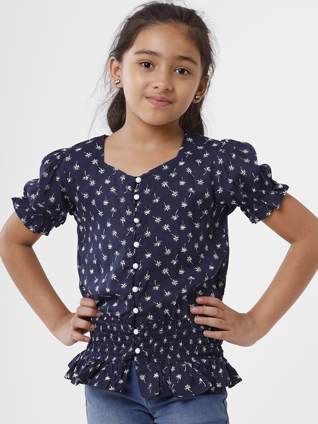 

De Moza Kids Girls Dark Blue Floral Print Sweetheart Neck Cinched Waist Top