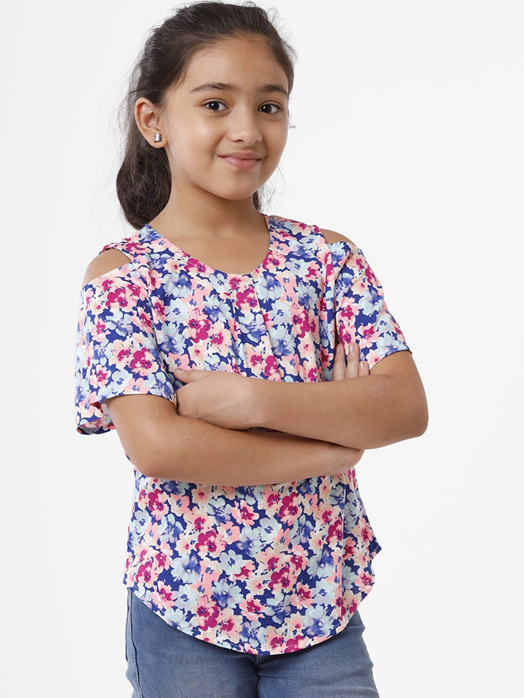 

De Moza Kids Girls Blue & Pink Floral Printed Top