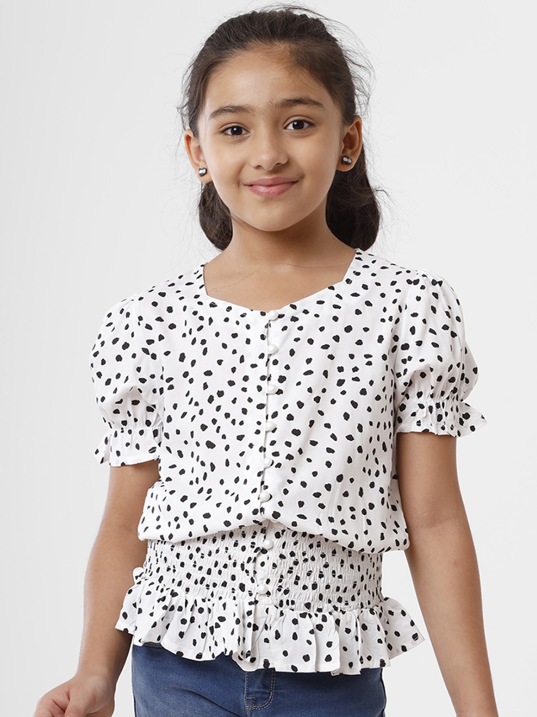 

De Moza Kids Girls White Polka Dots Printed Top