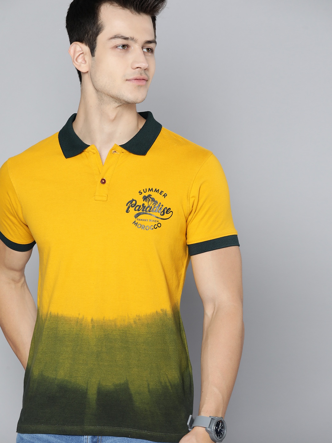 

Kook N Keech Men Yellow & Green Ombre Polo Collar Pure Cotton T-shirt