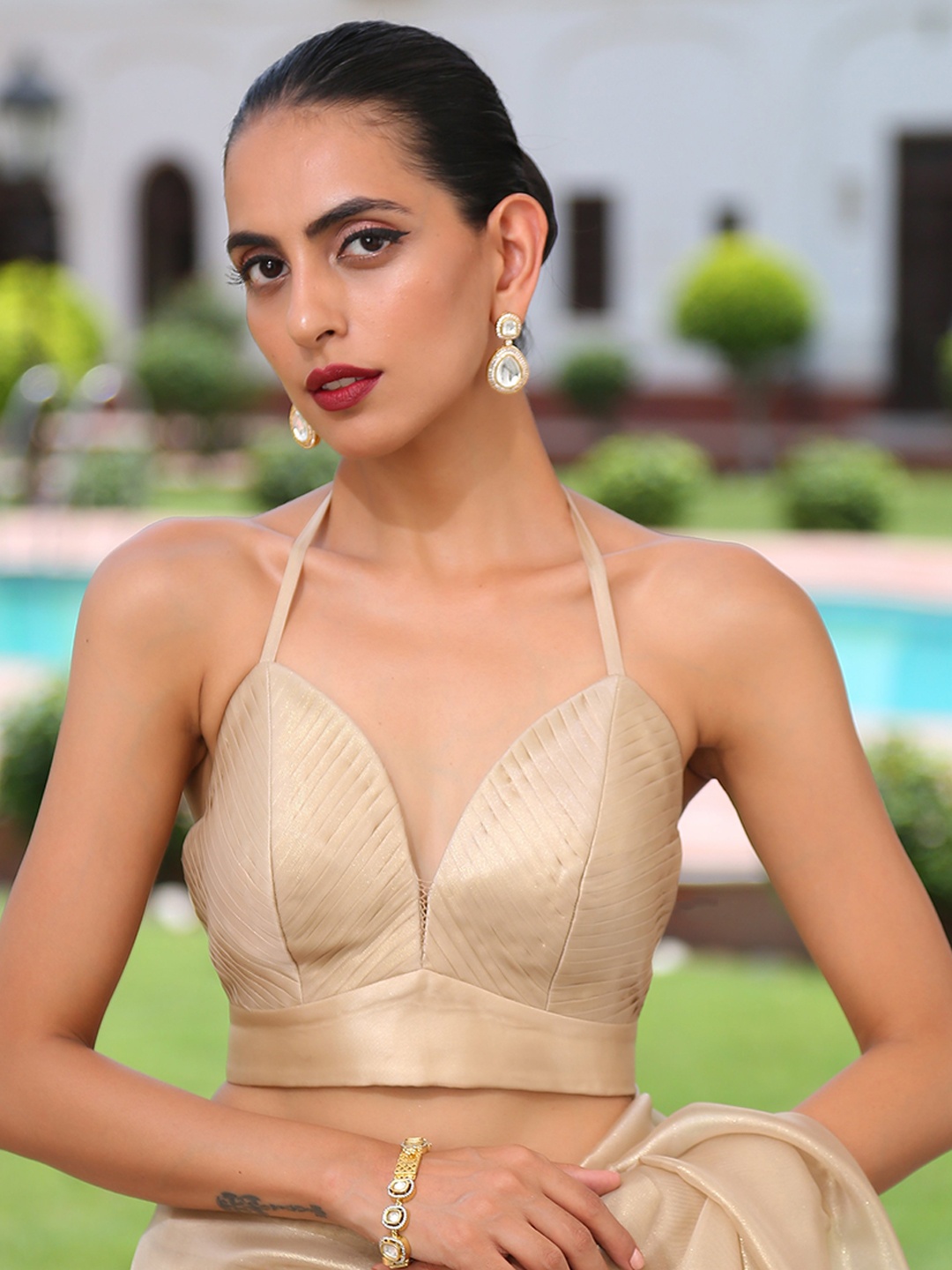 

Swtantra Women Gold Colored Solid Leaf Bustier Saree Blouse