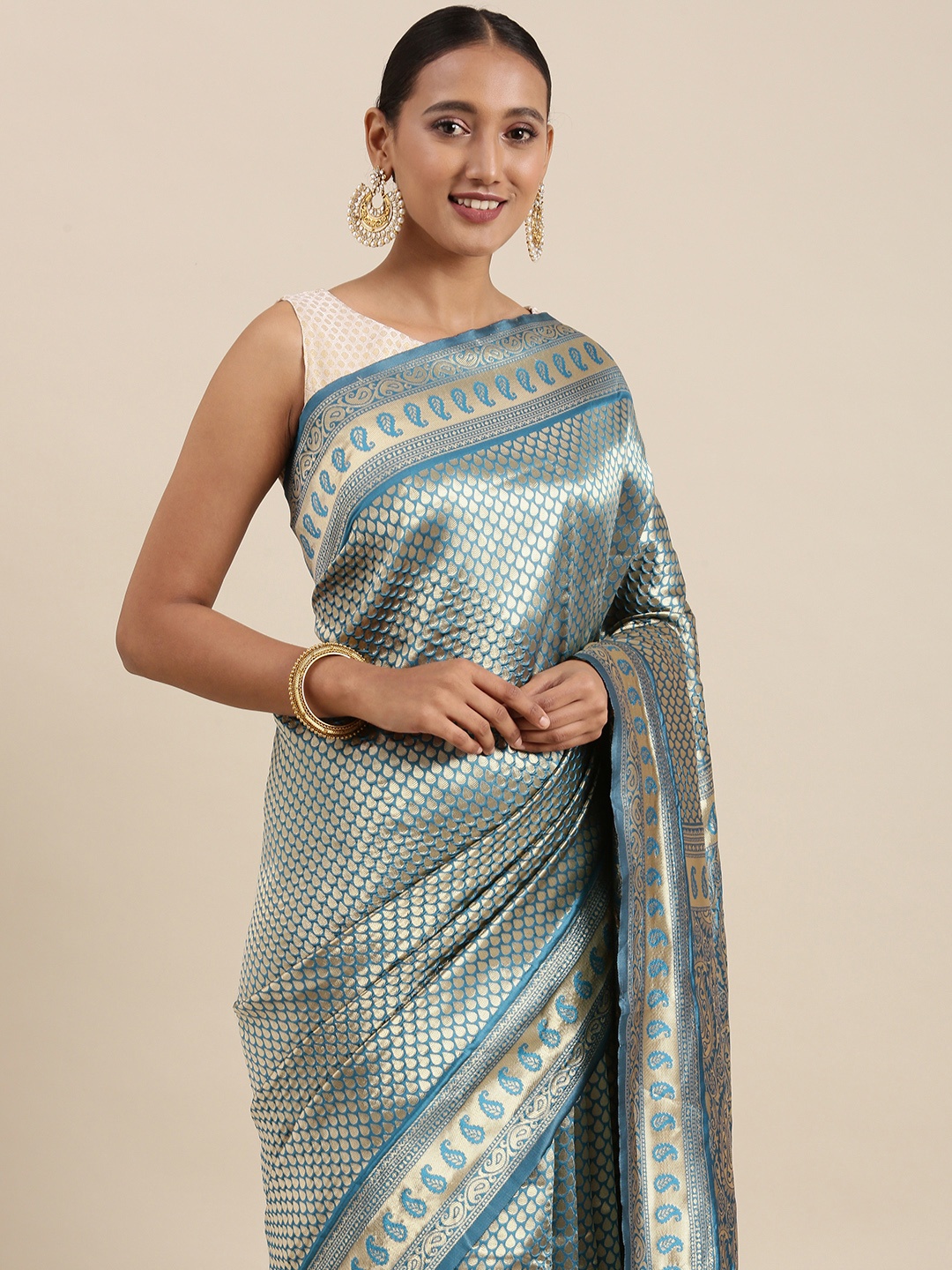 

Mitera Blue & Gold-Toned Ethnic Motifs Zari Silk Blend Banarasi Saree