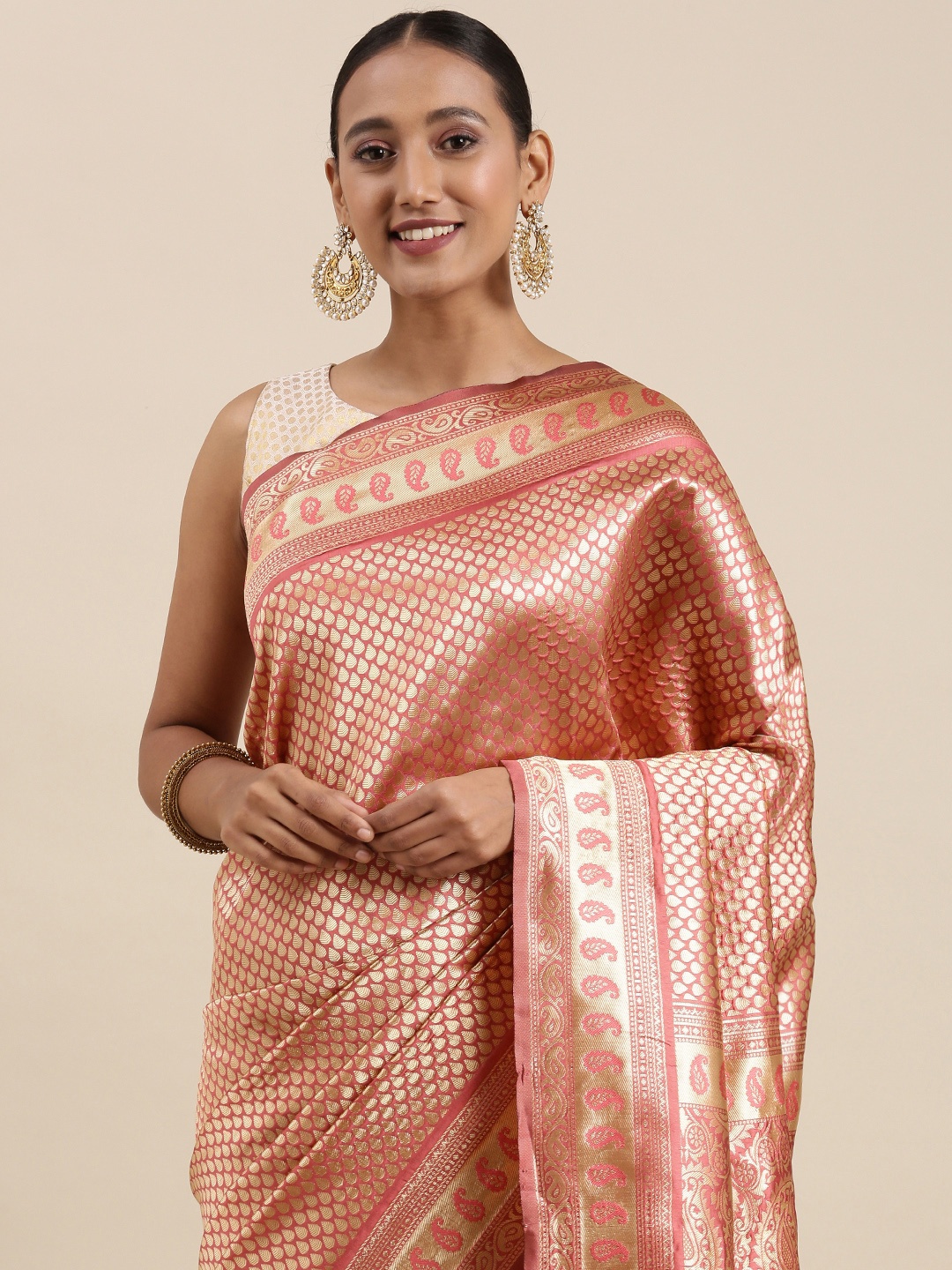 

Mitera Pink & Gold-Toned Ethnic Motifs Zari Silk Blend Banarasi Saree