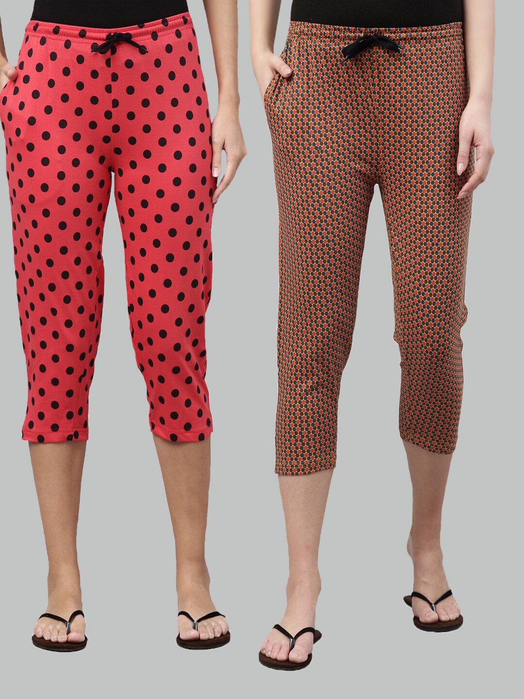 

Kryptic Women Fuchsia & Brown Set Of 2 Pure Cotton Printed Capris