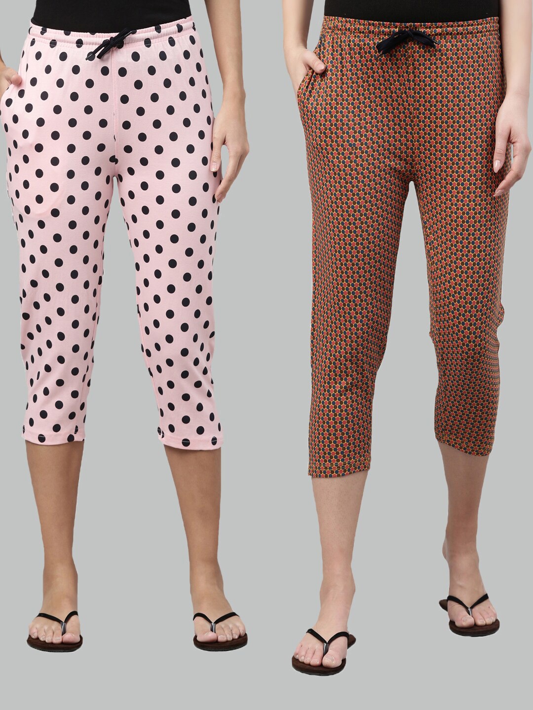 

Kryptic Women Fuchsia & Mustard Set Of 2 Pure Cotton Printed Capris