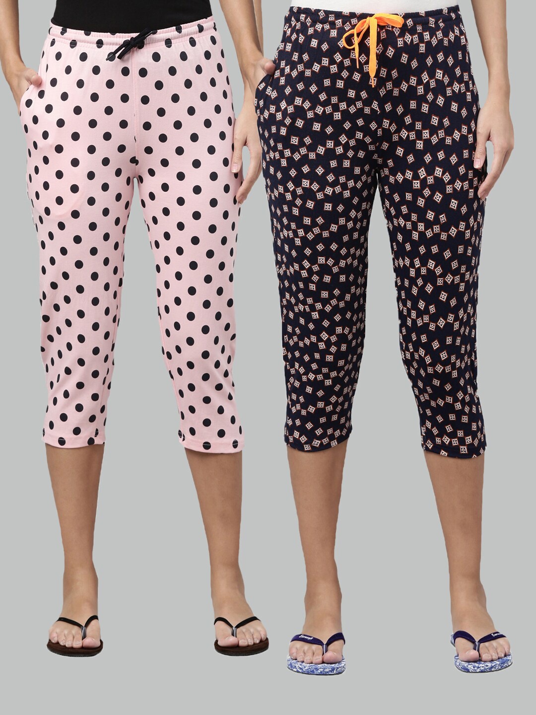 

Kryptic Women Fuchsia & Navy Blue Set Of 2 Pure Cotton Printed Capris