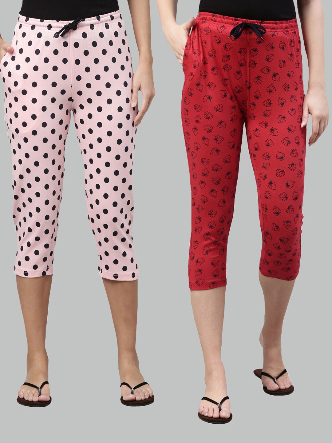 

Kryptic Women Fuchsia & Red Pack Of 2 Pure Cotton Printed Capris