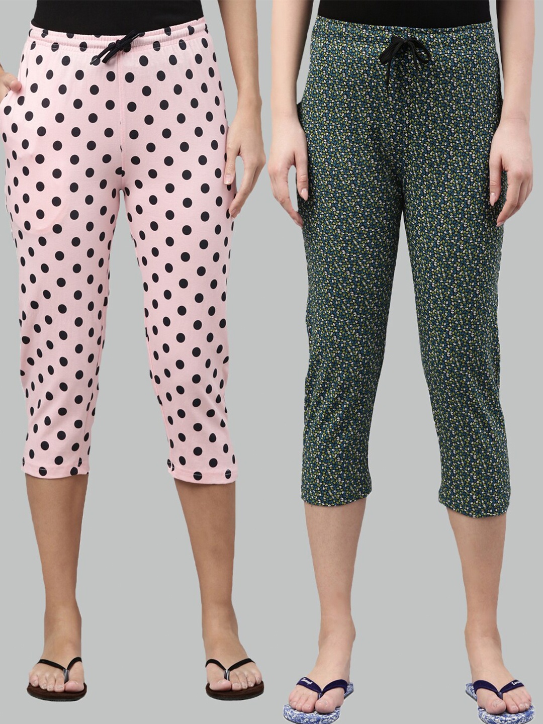 

Kryptic Women Pink & Green Set Of 2 Pure Cotton Printed Capris
