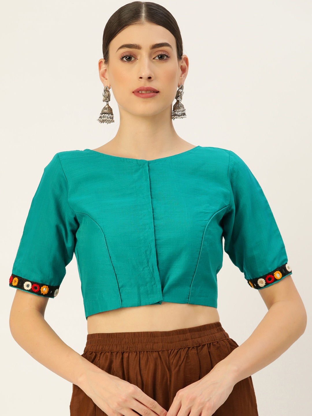 

tantkatha Turquoise Blue Solid Saree Blouse