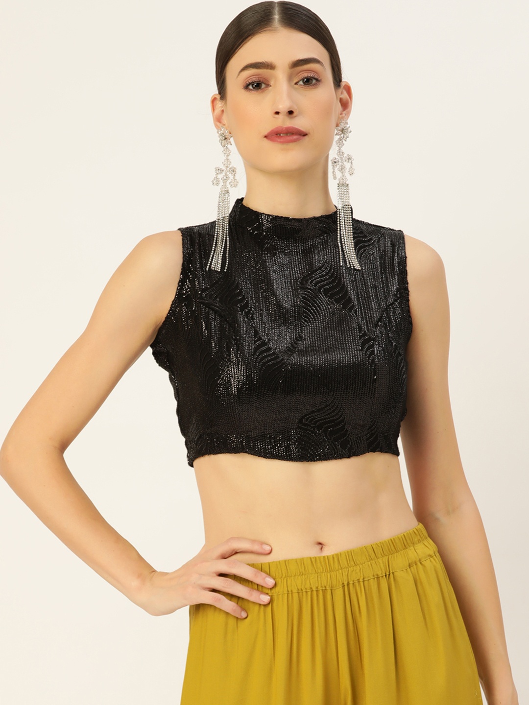 

tantkatha Black Sequinned Band Collar Saree Blouse