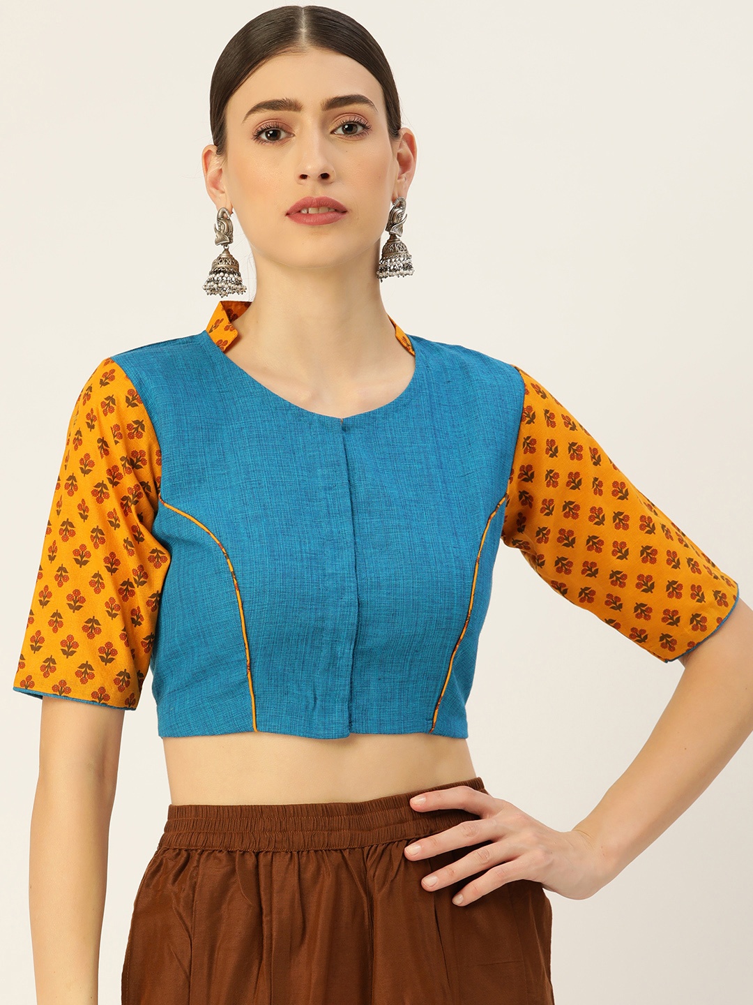 

tantkatha Blue & Orange Solid Cotton Saree Blouse