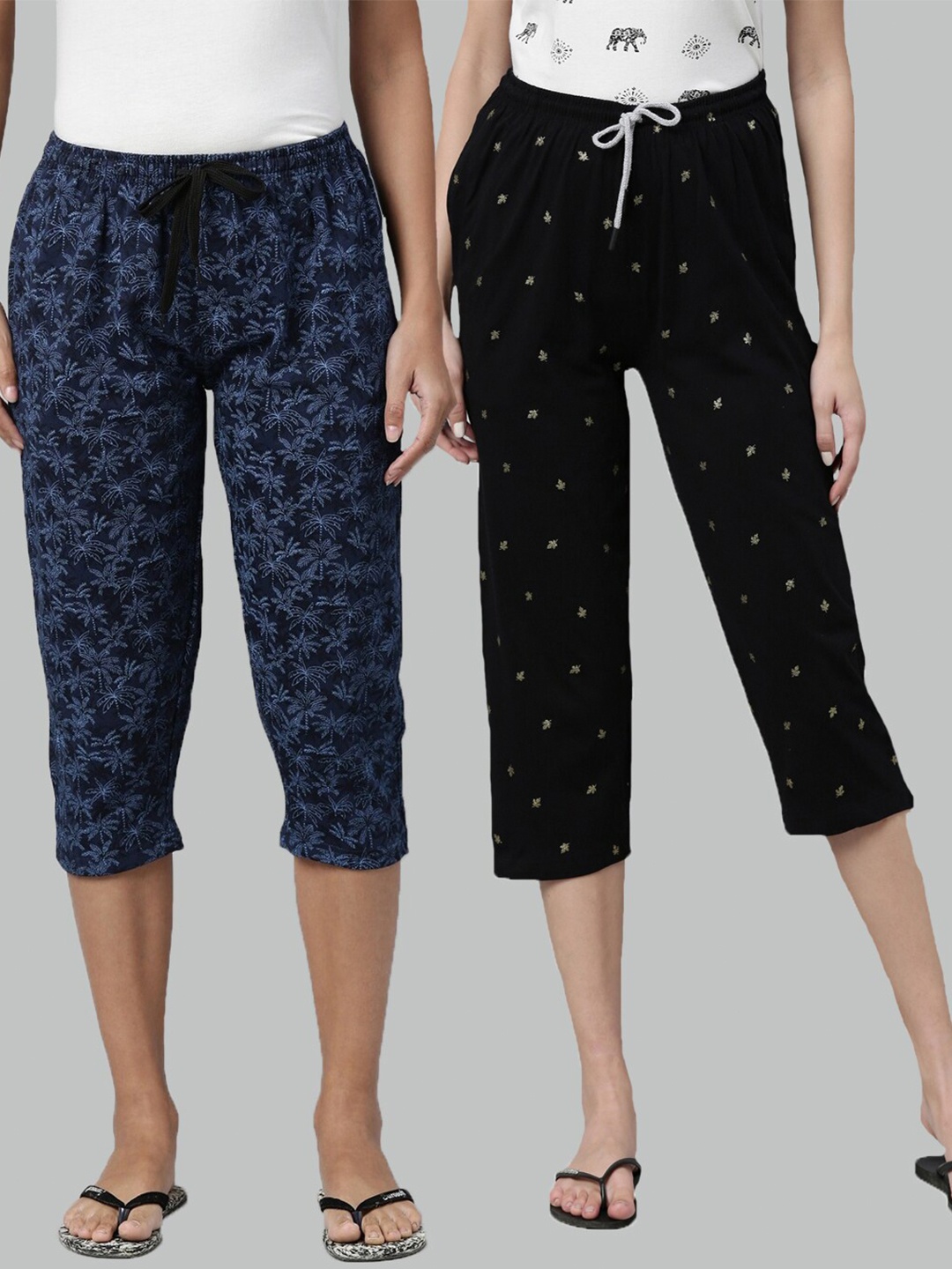 

Kryptic Women Blue & Black Set Of 2 Pure Cotton Printed Capris