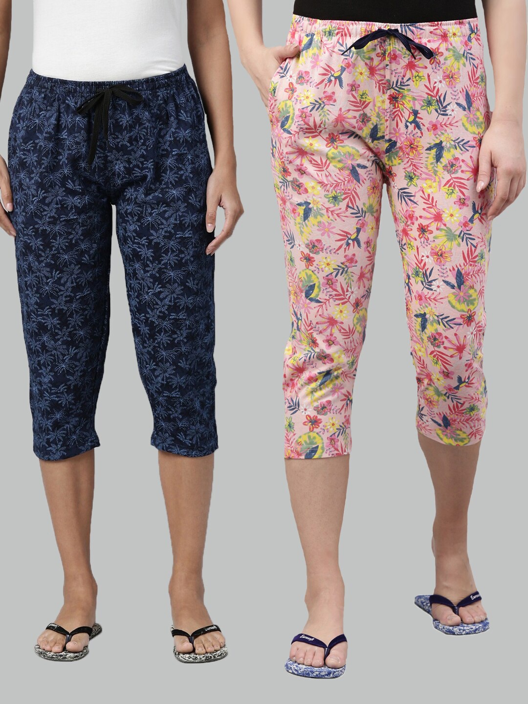 

Kryptic Women Blue & Pink Pack Of 2 Pure Cotton Printed Capris