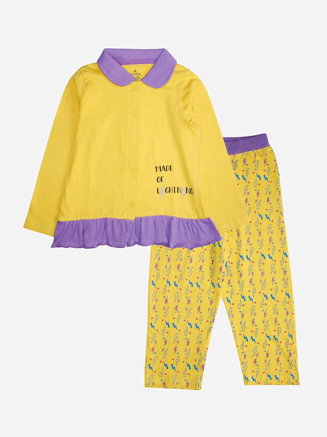 

KiddoPanti Girls Yellow & Purple Lightning Printed Pure Cotton Night suit