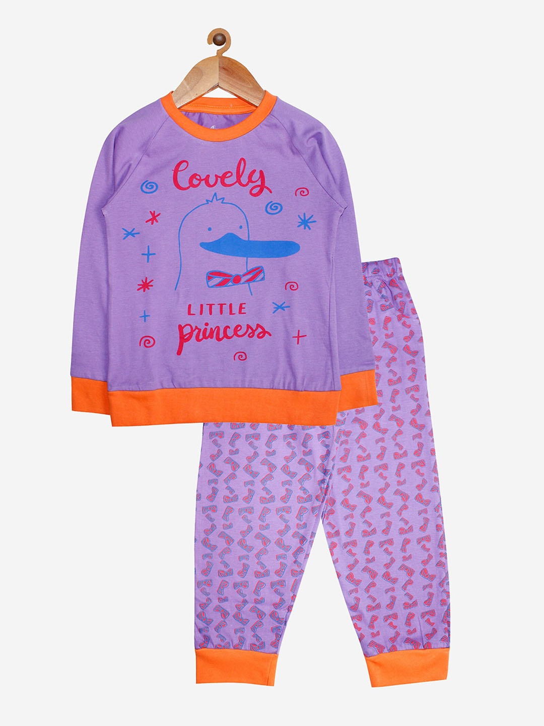 

KiddoPanti Girls Purple & Orange Pure Cotton Printed Night suit