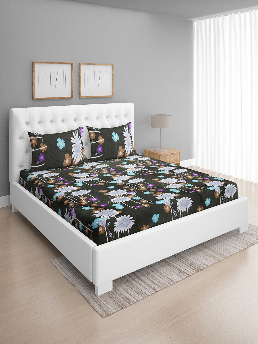 

ROMEE Green & Black Floral 144 TC Microfiber Queen Bedsheet with 2 Pillow Covers