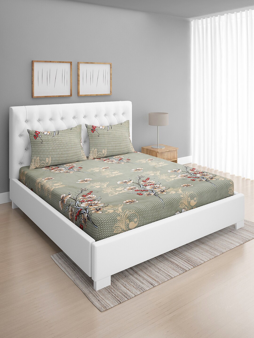 

ROMEE Green & Beige Floral 144 TC Microfiber Queen Bedsheet with 2 Pillow Covers