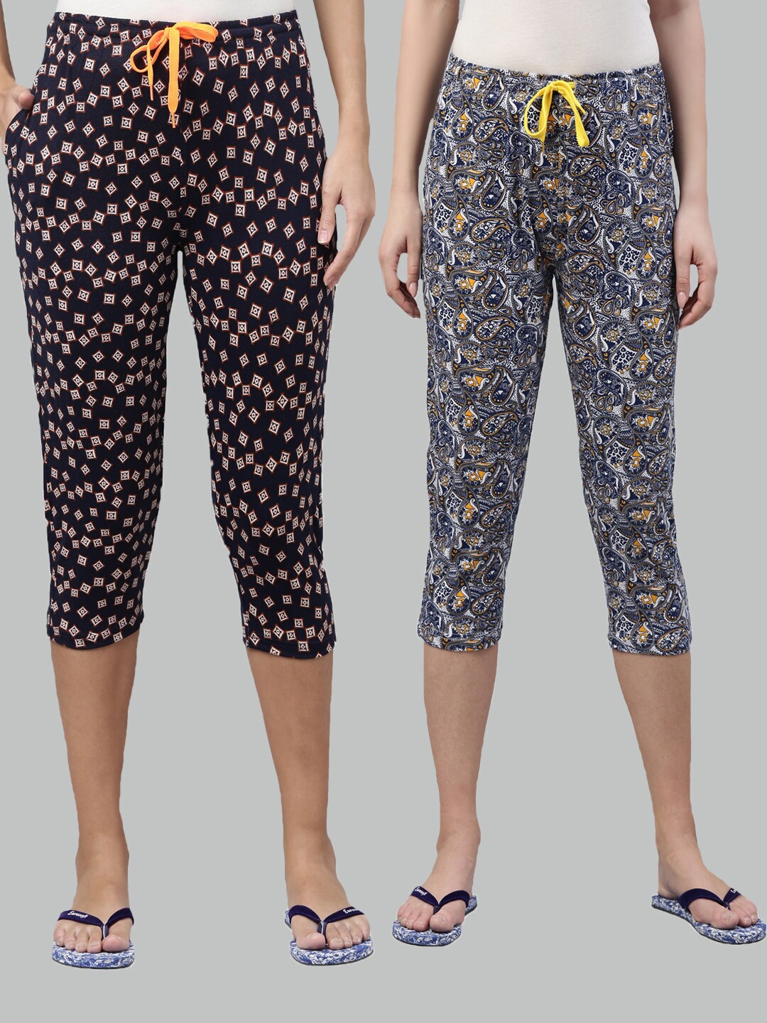 

Kryptic Women Navy Blue & Yellow Pack Of 2 Pure Cotton Printed Capris