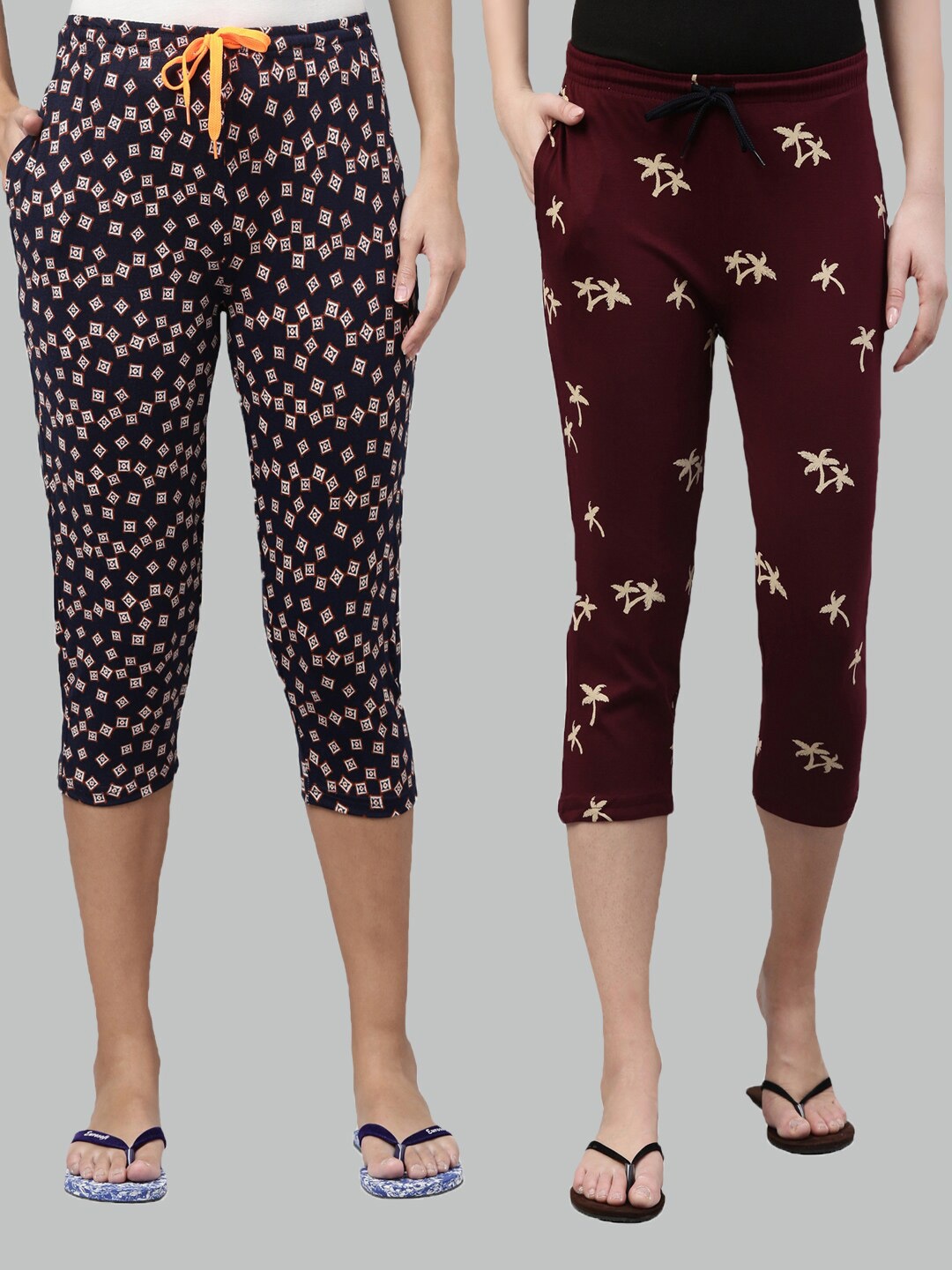 

Kryptic Women Navy Blue & Maroon Set Of 2 Pure Cotton Printed Capris