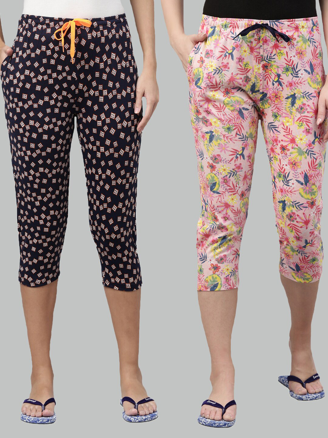 

Kryptic Women Navy Blue & Pink Pack Of 2 Pure Cotton Printed Capris