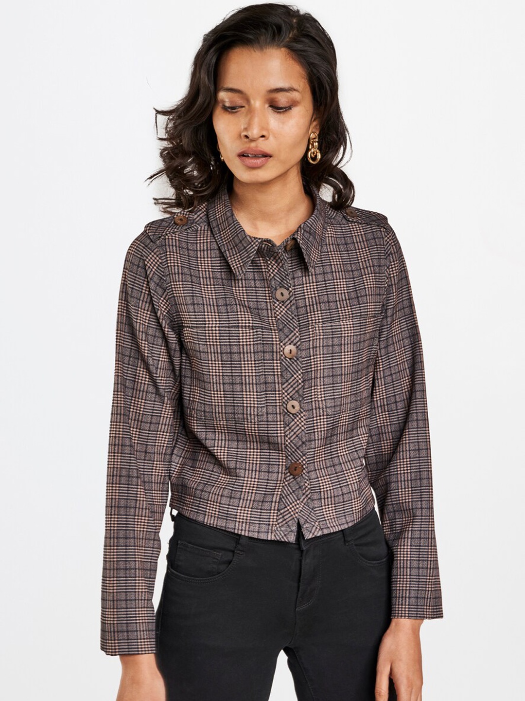 

AND Women Multicoloured Checked Crop Tailored Jacket, Brown