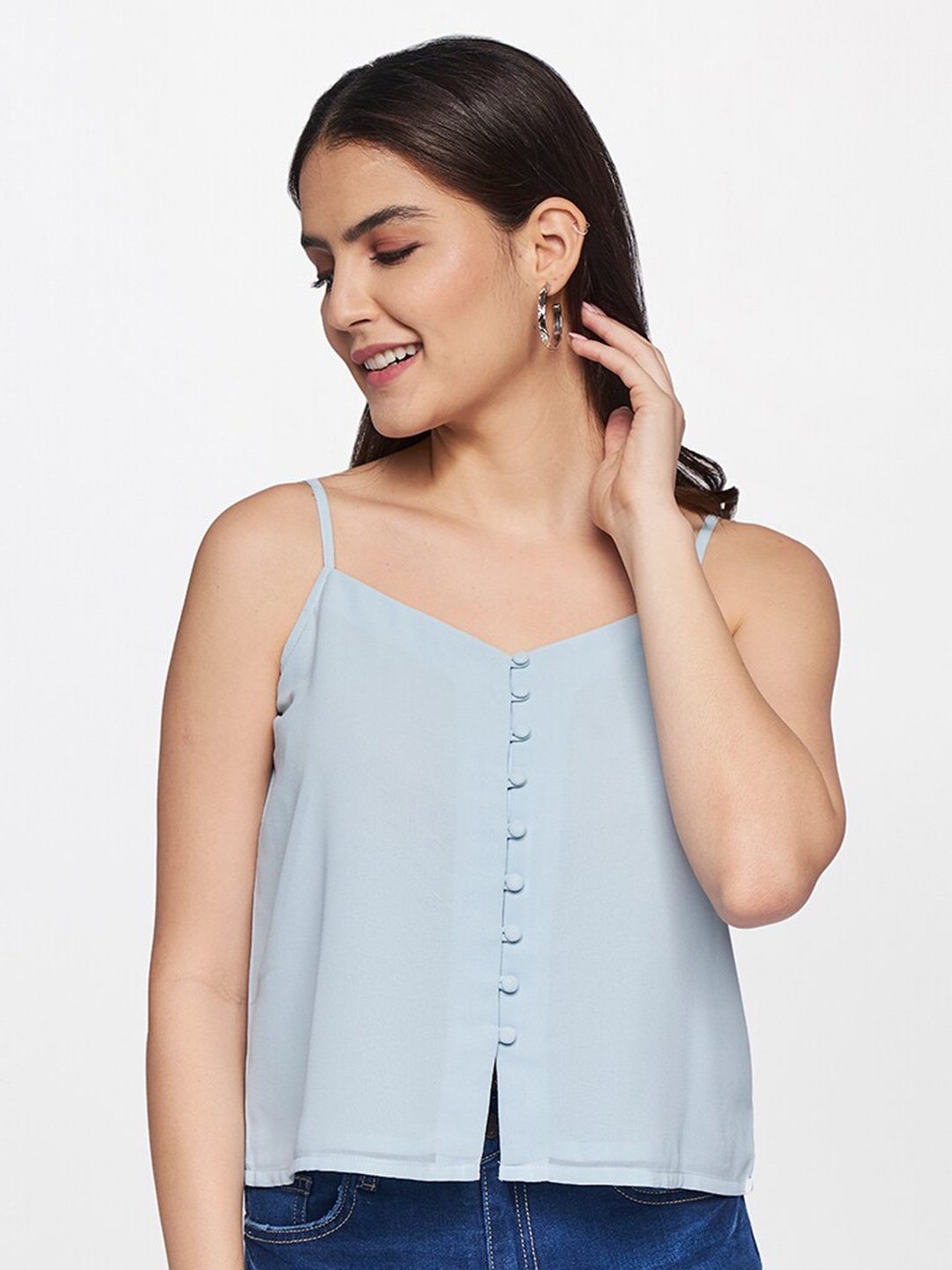 

AND Women Blue Solid Georgette Top